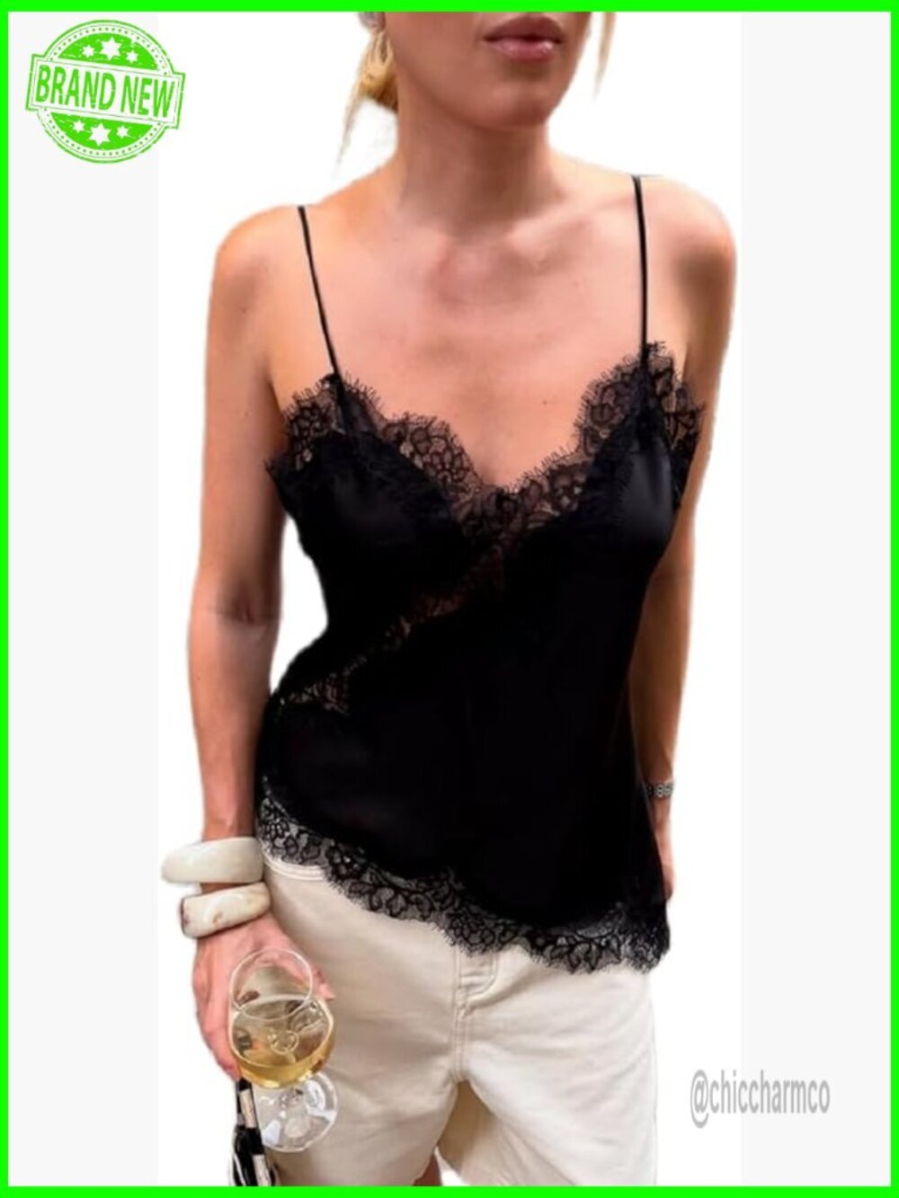 Satin Lace Trim V Neck Tank Top Asymmetrical Backless Cami Silky Camisole